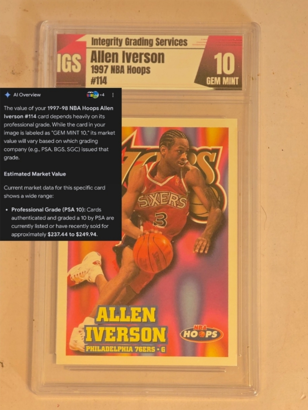 NBA Allen Iverson Hoops Trading Card GEM MINT 10 — Red, Blue, Yellow, Purple